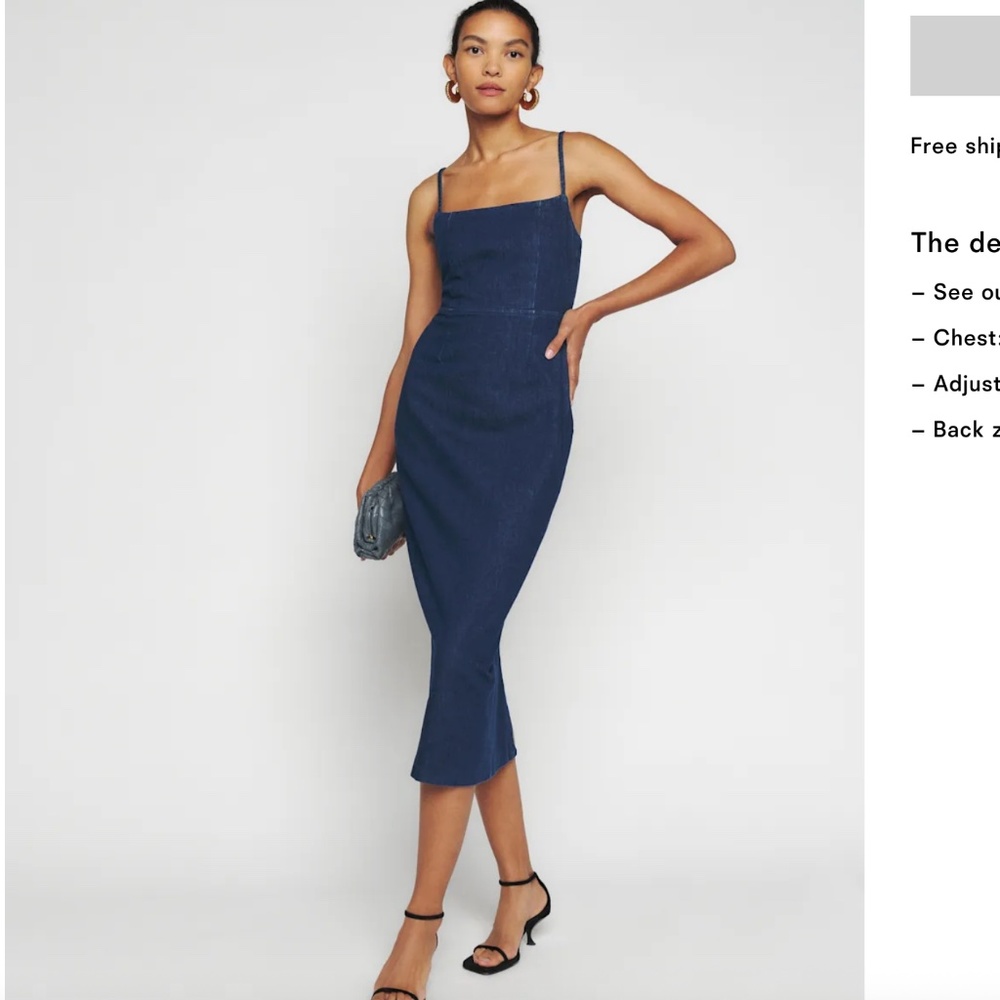 Reformation Jeans  Delphinia Stretch Denim Midi Dress Dark Blue Size 8